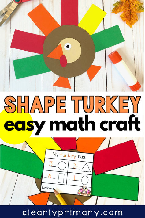 Looking for a fun, educational Thanksgiving math activity? Try our Shape Turkey Craft! Designed for preschool and kindergarten, this easy cut-and-paste project helps kids learn 2D shapes and counting while crafting a delightful turkey. Perfect for classrooms or home. Click to find the template and make learning fun this fall! More Or Less Kindergarten Activities, Shapes Preschool Crafts Art Projects, Math Thanksgiving Activities Preschool, Turkey Math Kindergarten, Easy Thanksgiving Activities For Kids, Thanksgiving Crafts For Kindergarteners, Thanksgiving Activity Preschool, Turkey Activities Kindergarten, Thanksgiving Craft For Kindergarten