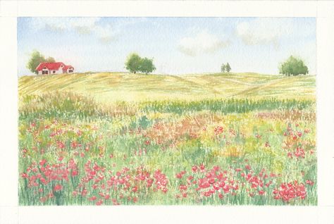 Flower Field Painting Watercolors, Watercolour Flower Field, Flower Field Drawing Pencil, Flowers Field Painting, Flower Field Watercolor, Spring Field, Summer Drawings, Flowers Field, Magic Water