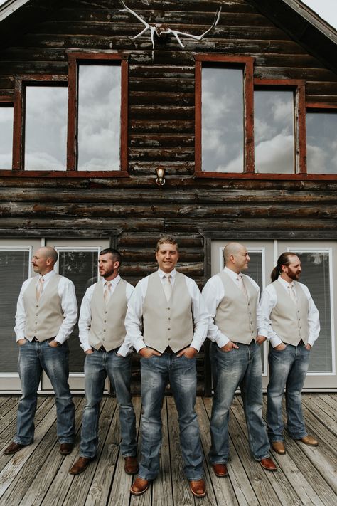 Groomsman Jeans And Vest, Farm Wedding Mens Attire, Jeans Boots Wedding Men, Country Wedding Attire For Groom, Men’s Wedding Attire Groom, Wedding Officiant Outfit Men, Simple Wedding Groom Attire, Simple Wedding Attire For Groom, Blue Jeans And Vest Wedding Grooms