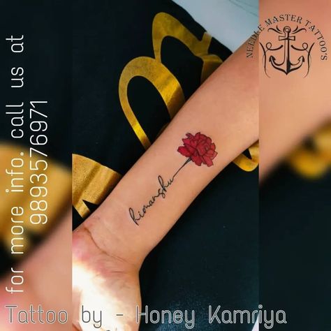 Kartik Name Tattoo, Flower Design Tattoo, Indore City, Mahadev Tattoo, Master Tattoo, Carnation Flower, Name Tattoo, Design Tattoo, Tattoo Model