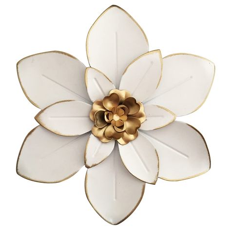 PRICES MAY VARY. LAYERED METAL FLOWER WALL ART: This White and Golden metal wall sculpture features layers of molded metal to create a lifelike flower design with rustic white and gold color, antique gold edge to create a stylish, outstanding appearance, give your home a fresh and natural feeling DIMENSIONAL WALL FLORAL SCULPTURE: Rutic White Gold Flower decorative wall accent is made from cut and bent sheet metal and welded into 3D shape. The creative metal flower wall artworks will add a fresh Metal Flower Wall, Flower Wall Art Decor, Floral Sculpture, Metal Flower Wall Art, Metal Flower Wall Decor, Wall Accents Decor, Indoor Kitchen, Outdoor Living Decor, Dimensional Wall