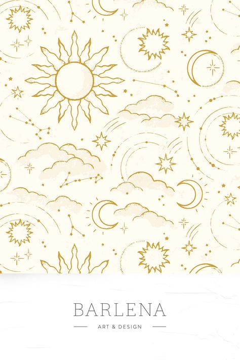 Seamless pattern design with handdrawn celestial elements like sun, moon, swirling galaxies, twinkling stars, clouds and constellations. This pattern is available for licensing Celestial Sun And Moon, Celestial Pattern, Celestial Elements, Collection Ideas, Sun And Clouds, Seamless Pattern Design, Twinkling Stars, Twinkle Star, Sun And Stars