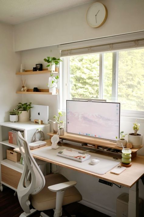 Art Desk In Living Room, Plants Desk Setup, Couples Study Room, Small Zen Office Ideas, Desks With Shelves Above, Maple Desk Setup, Cozy Minimalism Aesthetic, Minimal Desk Aesthetic, Boho Bedroom With Desk