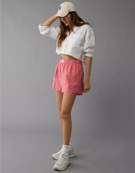 5 Pajama-Shorts Outfit Ideas to Try This Season | Who What Wear Boxer Shorts Women, Pajamas Shorts Outfit, Boxer Shorts Outfit, Boxer Shorts For Women, Womens Boxer Shorts, Rich Girl Fashion, Fitted Denim Shirt, American Eagle Aerie, Boxer Pants