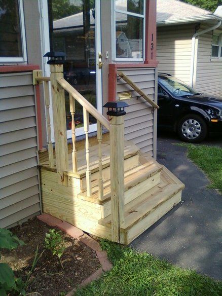 Easy Front Steps Ideas, Outdoor Steps Design, Wooden Handrails For Stairs Outdoor, Mobile Home Front Steps Ideas, How To Build Steps Off Back Door, Diy Front Steps, Side Door Steps, Small Front Steps Ideas, Door Step Ideas