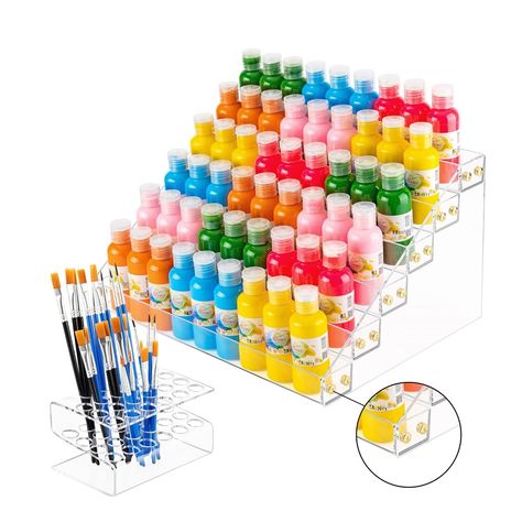 PRICES MAY VARY. LARGE CAPACITY - 6 layers large capacity paint storage can hold 54pcs 2oz paint bottles or any paint bottles diameter up to 1.5". 24-slot brush holder are used to keep your used and unused brushes, small, expensive brushes or painting tools separated. WIDELY USED - The 6 tiers acrylic display rack and 24-slot brush holder can keep your desk in order! The paint rack is perfect for collecting alcohol inks, oil paint tubes, paint caddy, model paints & thinners. PREMIUM ACRYLIC - Th Acrylic Paint Organizer, Acrylic Paint Storage, Acrylic Paint Bottles, Craft Paint Storage, Paint Bottles, Paint Brush Holder, Paint Rack, Paint Organization, Paint Brush Holders