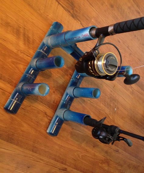 How to Make a Simple Collapsible PVC Fishing Rod Holder: In my experience, owning more than one fishing rod and trying to keep them organized and stowed away is hard, because they are so long and their line gets tangled on things easy. So, I created this simple PVC fishing rod holder that I keep in my roo… Pvc Fishing Rod Holder, Diy Fishing Rod Holder, Diy Fishing Rod, Blue Spray Paint, Diy Fishing, Long Pipe, Fishing Rod Holder, Take Apart, Rod Holder