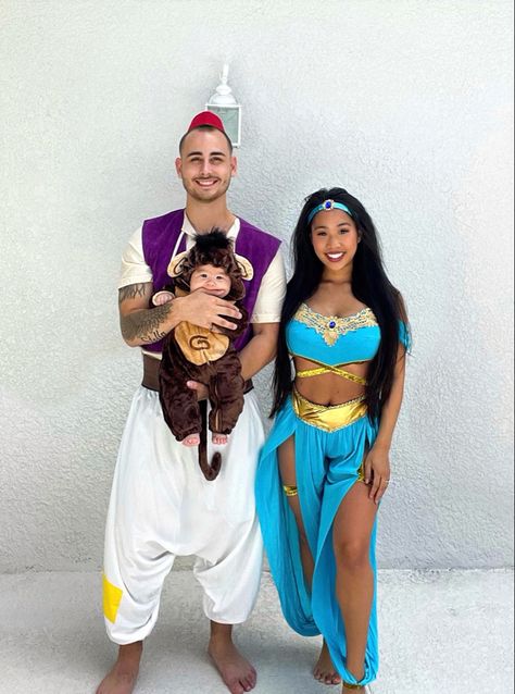 Aladdin costume, family Halloween costume, family of 3 halloween, halloween ideas family, Aladdin family Halloween, Aladdin Jasmine Abu 3 Family Halloween Costumes, Cute Couples Halloween Costumes, Princess Jasmine And Aladdin, Family Costumes For 3, Halloween Costume Family, Jasmine Halloween Costume, Family Themed Halloween Costumes, Costume Family, Halloween Costumes Diy Couples