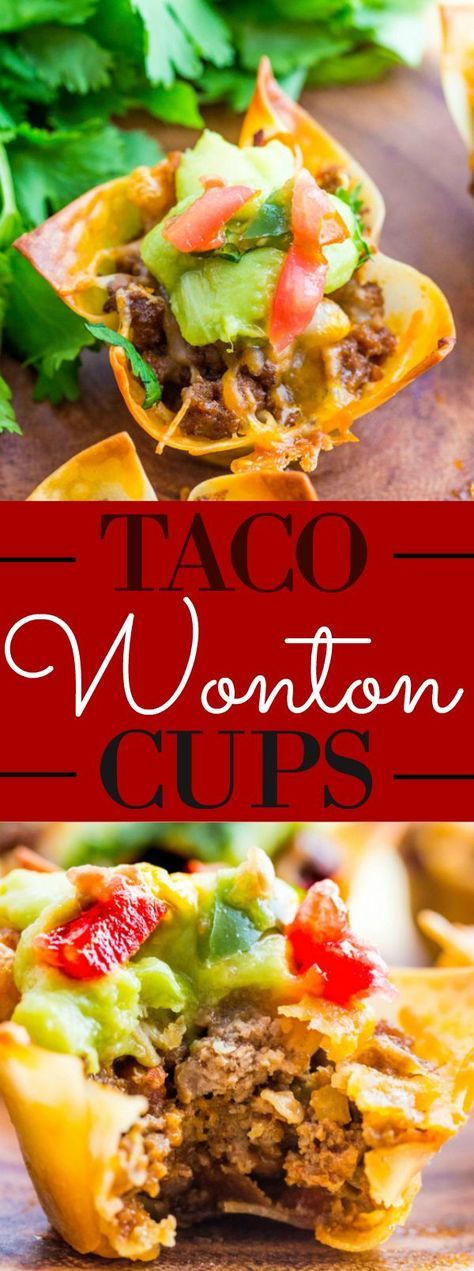 Crunchy and bite sized these Taco Wonton Cups are a quick and easy appetizer for any time of day. Cheap Party Snacks For A Crowd, Taco Wonton Cups, Taco Wonton, Wonton Wrapper Recipes, Wonton Tacos, Taco Cups, Apartment Things, Wonton Cups, Won Ton