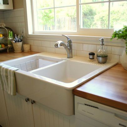 Farmhouse sink in butcher block countertop. Top Mount Farmhouse Sink, Ikea Butcher Block Countertops, Ikea Farmhouse Sink, Double Farmhouse Sink, Ikea Butcher Block, Ikea Sinks, Ikea Farmhouse, Farmhouse Bathroom Sink, Butcher Block Counter