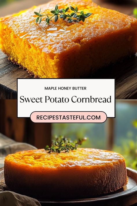 Indulge in the delightful flavors of this Maple Honey Butter Sweet Potato Cornbread! This moist and flavorful bread combines rich sweet potatoes, sweet honey, and warm maple syrup, making it perfect for any occasion. Topped with a creamy maple honey butter, it adds a comforting touch that complements a variety of dishes. Whether served as a side at dinner or enjoyed on its own, this cornbread is sure to become a beloved favorite at your table! Cornbread Honey Butter, Maple Honey Sweet Potato Cornbread, Maple Honey Butter Sweet Potatoe Cornbread, Gluten Free Sweet Potato Cornbread, Sweet Potato Honey Cornbread, Sweet Potatoes Cornbread, Honey Butter Sweet Potato Cornbread, Sweet Potato Cornbread Recipes, Potato Desserts