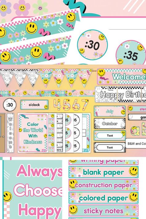 Our Retro 90s Theme Classroom Decor Pack is an adorable way to get your classroom ready this school year! This cute theme includes checkerboard patterns, pastel colors, smiley faces, and daisies. These resources are sure to catch the eye and excitement of your students!

The pack includes:

Retro 90s Inspirational Posters

Retro 90s Bulletin Board Letters and Numbers

90s Theme Ten Frame Posters 0-20 90s Theme Bulletin Board, Smiley Classroom Decoration, Happy Face Classroom Theme, Smiley Face Classroom Theme, Boho Retro Classroom, Retro Classroom Theme, Retro Classroom Decor, Groovy Classroom, Groovy Theme