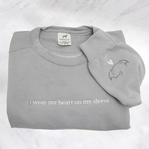 Fashion Installation, Heart On My Sleeve, Matching Sweaters, Modern Pet, Crewneck Design, Martingale Collar, Embroidered Crewneck, Embroidered Heart, Embroidered Sweatshirt