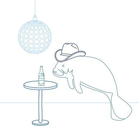 this digital line drawing shows a simple image of a manatee floating next to a table with a drink under a disco ball in varying shades of blue Manatee Embroidery, Simple Graphic Art, Manatee Drawing, Cowboy Hat Drawing, Manatee Art, Drawing Things, Doodles Drawings, Manatees, Easy Doodles Drawings