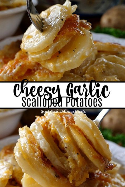 Cheesy Garlic Scalloped Potatoes are cheesy, delicious and a perfect side dish to most meals. #sidedishrecipes #scallopedpotatoesrecipe #cheesypotatoes #casseole #dinner #greatgrubdelicioustreats Potatoes Side Dishes, Garlic Scalloped Potatoes, بطاطس مهروسة, Thanksgiving Food Sides, Nigel Slater, Thanksgiving Recipes Side Dishes, Scallop Recipes, Delicious Thanksgiving, Potato Side Dishes