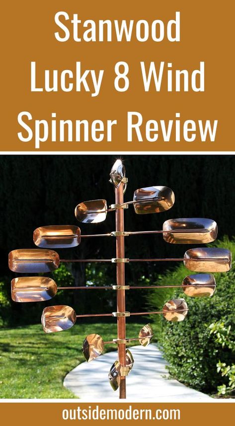 The Stanwood Lucky 8 Wind Spinner [Amazon Link] is a beautiful, hypnotic kinetic sculpture, sure to add to the aesthetic of virtually any garden or outdoor space. This wind sculpture is one of the most interesting designs around and is forged out of pure brass and copper. It spins in a clever double helix pattern, which gives the sculpture great majesty, grace, and elegance. Because of its shine and overall beauty, this wind spinner is sure to look wonderful wherever it is placed. Kinetic Wind Sculpture, Wind Sculptures, Double Helix, Brass And Copper, Kinetic Sculpture, Patio Spaces, Wind Spinners, Garden Accessories, Helix