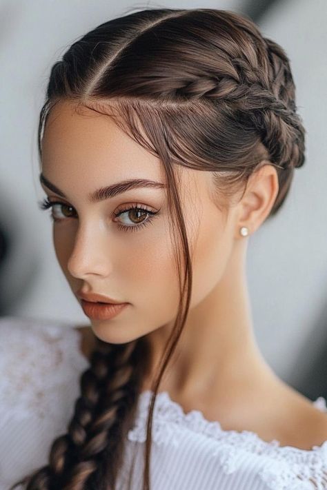 braided hairstyles, teen fashion, style inspiration Two Dutch Braids, Braided Crown, Top Braid, Hairstyles For Teens, Teen Style, Parted Bangs, Hair Patterns, Braided Hairstyle, Crown Hair