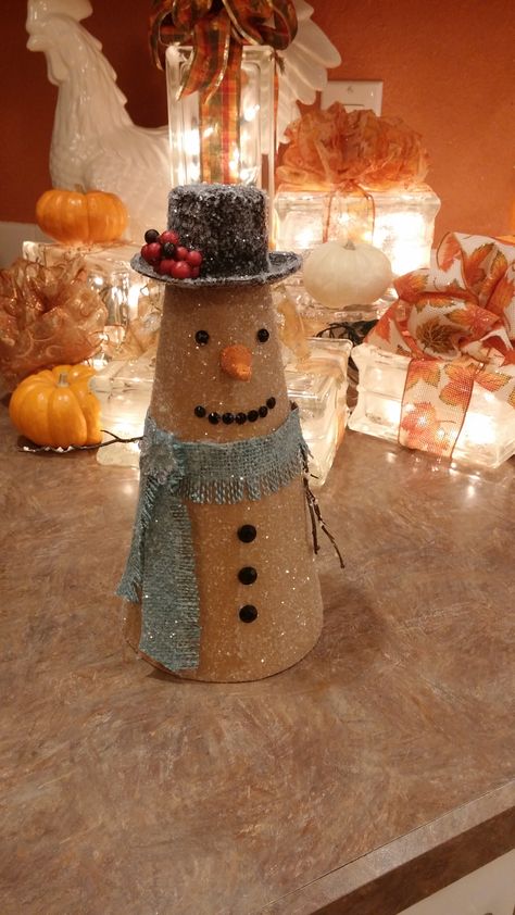 Cardboard Cones Crafts, Cardboard Cone Crafts, Paper Mache Cones Crafts, Foam Christmas Ornaments, Cone Ornaments, Paper Mache Cone, Snowman Ideas, Snowmen Crafts, Styrofoam Crafts