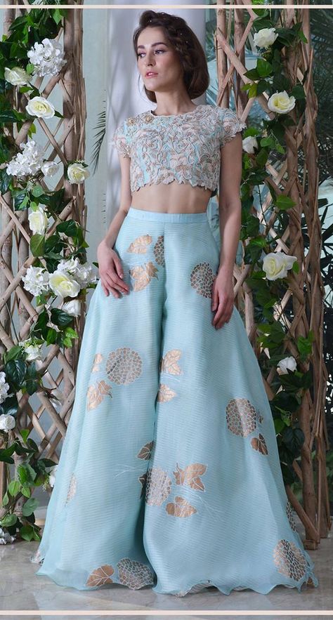 Yashodhara crop top paired with flaired palazzos: Crop Top For Wedding, Top And Plazo, Brocade Pants, Eyelet Sweater, India Fabric, Indian Outfits Lehenga, Crop Top Designs, Traditional Indian Outfits, Indian Gowns Dresses