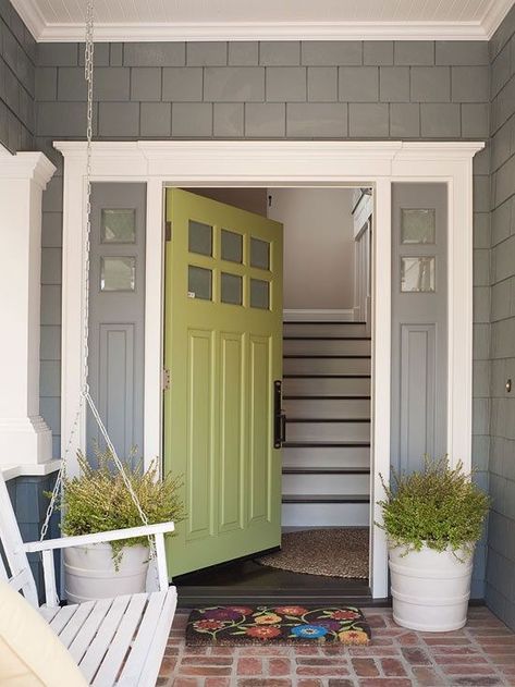 GREEN AND GRAY - design indulgence Cottage Front Doors, Green Front Doors, Front Door Paint Colors, Gray House, Door Paint Colors, Painted Front Doors, Grey Houses, Exterior Paint Colors For House, Casa Exterior