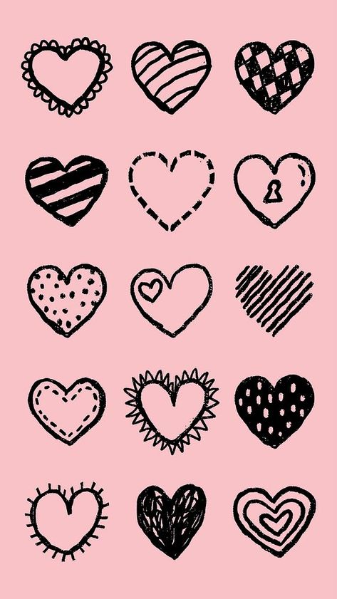 Various hand-drawn heart designs on a pink background. Each heart is unique, featuring different patterns and styles. Perfect for romantic or creative projects. Cute Valentine's Day elements, vector. | free image by rawpixel.com / Aum Mexican Heart Illustration, Cute Girly Doodles, Valentine’s Day Doodles, Hearts Out Of Paper, Heart Kawaii, Valentines Day Doodles, Valentine Drawing, Doodle Hearts, Heart Drawings