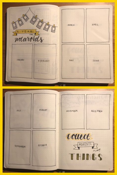 #bulletjournal #sprocket #polaroid #memories Memory Pages Ideas, Memory Dairy Ideas, Polaroid Journal Ideas, Year In Polaroids, Pastel Journaling, Bujo Polaroid, Trackers Ideas, Hobonichi Layout, Polaroid Journal