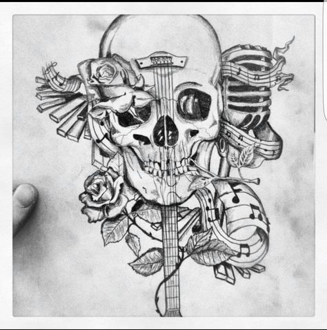 Skull music tattoo design Music Leg Tattoo, Music Tattoo Designs Men, Skull Violin Tattoo, Skull And Music Tattoo, Music Skull Tattoo, Tattoos For Music Lovers, Guitar And Skull Tattoo, Music Inspired Tattoos, Skull Music Tattoo