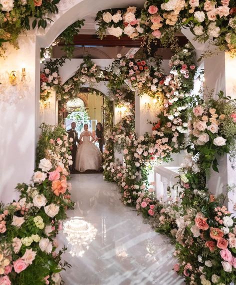 Flower Entrance Decoration, White And Pink Wedding Decor, Floral Installation Wedding, Ambience Decor, Filipiniana Wedding Theme, Filipiniana Wedding, Courtyard Wedding, Dream Wedding Reception, Pink Wedding Decorations