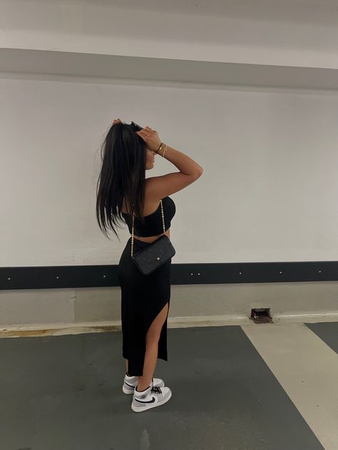 Dress and jordans Poses With Jordans, Air Jordans With Dress, Black Dress With Jordans Outfit, Jordans Dress Outfits, Air Jordan With Dress Outfit, Air Jordan 1 Dress Outfit, Jordan 1 Dress Outfit, Jordans With Dress Outfit, Jordans With Dress