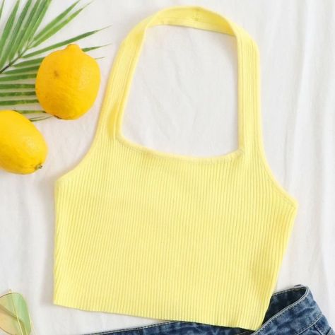 Yellow Halter Top Yellow Crop Top, Cute Preppy Outfits, Summer Crop Tops, Ribbed Knit Top, Halter Tops, Brand Board, Knit Sleeve, Halter Crop Top, Knit Tops