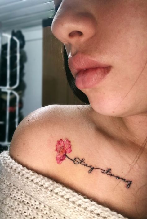 Stay Strong Tattoo Men, Stronger Tattoos For Women, Strong Woman Tattoo Ideas, Tattoo Stay Strong, Iceland Tattoo, Stay Strong Tattoo, Filter Tattoo, Clavicle Tattoo, Husband Tattoo