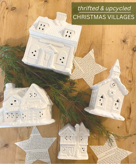 Thrifted & Upcycled Christmas Villages Upcycled Christmas Village Houses, Upcycled Christmas, Diy Christmas Village, Christmas Village Houses, Christmas Village Display, Dollar Store Christmas, White Spray Paint, Village Display, Holiday Village