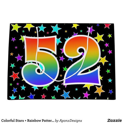 Colorful Stars + Rainbow Pattern "52" Event # Large Gift Bag Gift Bag Design, 98th Birthday, 68 Birthday, Third Wedding Anniversary, 52 Birthday, 92nd Birthday, 88th Birthday, 56th Birthday, 62nd Birthday