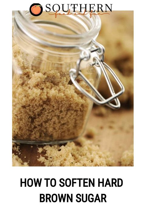 Jar of brown sugar with some scattered on a wooden surface. Text reads: How to Soften Hard Brown Sugar. How To Keep Brown Sugar Fresh, Diy Brown Sugar, Sugar Body Scrub Recipe, Hard Brown Sugar, Body Scrub Recipes, Brown Sugar Body Scrub, Soften Brown Sugar, Sugar Scrub Homemade Recipe, Ham Glaze Brown Sugar