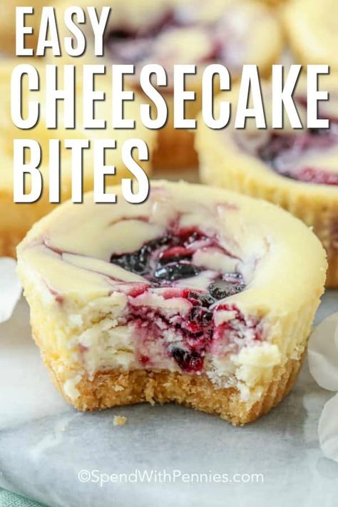 Baked cheesecake bites are a fun and easy bite-sized treat! This simple dessert is made with a viennese cookie crust, a honey sweetened cream cheese filling, and a fruit preserve swirl. This dessert can easily be served frozen making for a refreshing summer snack! #spendwithpennies #cheesecakebites #dessert #bitesized #bakedcheesecake #cheesecakerecipe #ad Easy Cheesecake Bites, Viennese Cookies, Bake Easy, Chocolate Dipped Fruit, Baked Cheesecake, Bites Recipes, Spend With Pennies, Simple Dessert, Bite Size Desserts