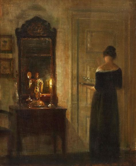 she/her on Instagram: “Carl Holsøe, Interior with a Woman in Candlelight (1900) Private Collection #carlholsøe #interior #interiorpainting #interiordecor…” Classic Paintings, Old Paintings, Aesthetic Painting, Ethereal Art, Classical Art, Old Art, Pretty Art, Art Exhibition, Dark Art