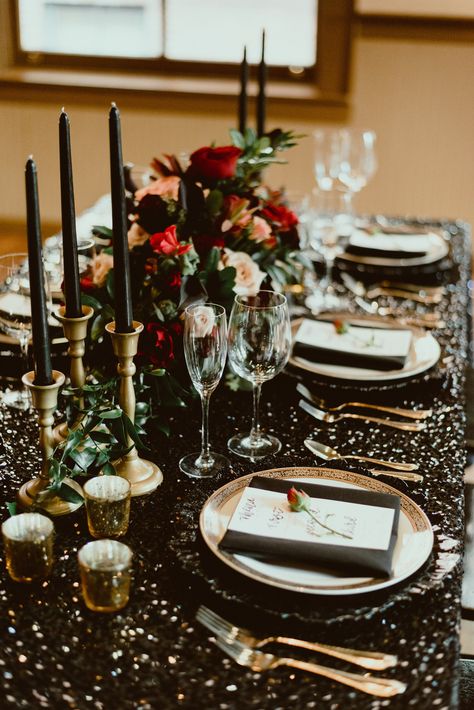 Black, Gold + Red New Year’s Eve Styled Wedding — The Overwhelmed Bride // Wedding Blog + SoCal Wedding Planner Blush Wedding Colors, Dark Wedding Theme, Black Wedding Decorations, New Years Wedding, Black Wedding Cakes, Nye Wedding, Sequin Table, New Years Eve Weddings, Dark Wedding