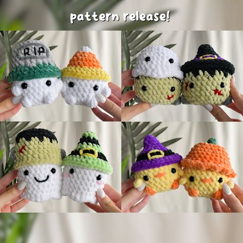 PATTERN RELEASE!🧡🖤💜 My 14-in-1 NO SEW Halloween Squishys pattern is OUT NOW on my Etsy and Ribblr shop🥰 it is 40% off today and tomorrow on Etsy! With this pattern, you get 9 different hat possibilities and 5 different head/bodies👻 that means there are 45 different hat/body combos you can make with this pattern!!😱🎃✨ This pattern is also no sew & beginner friendly, it would be great for any fall or Halloween markets🤭💕 Thank you sooooo very much to all my amazing testers! They were a huge h... Halloween Plushies, Sew Halloween, Fall Market, Different Hats, Crochet Inspo, Crochet Fall, Halloween Crochet, No Sew, Crochet Ideas