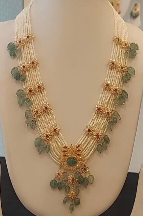 Emrald Beeds Necklace Gold, Pearl Jewelry Necklace Indian Antique, Beads Gold Jewellery Indian, Muthyala Haram Designs, Gold Beads Necklace Indian, Rice Pearls Jewellery Indian, Pearls Jewelry Indian, Latest Pearl Necklace Designs, Beads Jewelry Indian Gold