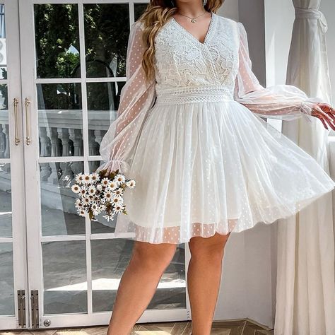 Here Is A Sweet White Dress By Simplee Plus In A 1x. Fully Lined. With Shear Sleeves. Lace Top With Dotted Swiss Overlay Skirt Perfect For Bridal Shower Or Engagement Photos! Nwt Courthouse Wedding Dress Plus Size Short, White Bridal Shower Dress Plus Size, Short White Plus Size Dress, White Mini Dress With Sheer Sleeves For Wedding, Mini Bridal Dress Plus Size, White Mini Dress With Lace Sleeves For Wedding, Casual Courthouse Wedding Outfit, Plus Size Bachelorette Outfit, Floral Mini Dress Summer