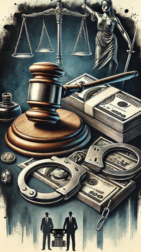 Illustration of justice symbols including a gavel, scales of justice, handcuffs, stacks of money, and Lady Justice, representing the intersection of law, crime, and financial implications in the judicial system Law Of Demand, Human Trafficking Awareness, Money Poster, Delhi High Court, Contract Law, Employment Law, Book Trailer, Legal System, Money Laundering