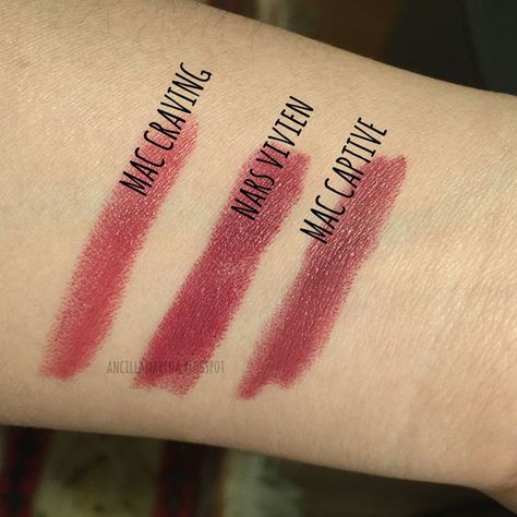 NARS Audacious Vivien vs MAC Captive vs MAC Craving. In my opinion, MAC Captive Mac Captive, Play Barbie, Lip Beauty, Makeup Swatches, In My Opinion, Nars, Beauty Products, Tattoo Quotes, Plum