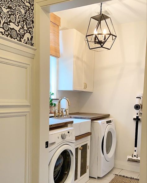 Custom laundry room with repurposed uppers, pine counter top, farmhouse sink with drip ledge, cabinet with brass metal insert Laundry Room With Sink In The Middle, Mud Room Laundry Room Combo, Laundry Pantry, Apron Kitchen Sink, Custom Laundry Room, Kitchen Faucets Pull Down, Laundry Room Sink, Apron Sink Kitchen, Farmhouse Apron