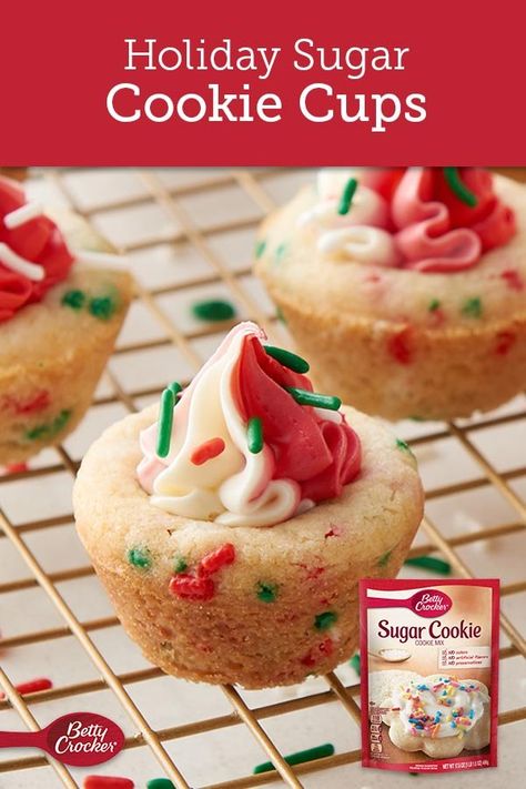 Betty Crocker Sugar Cookie Recipe, Betty Crocker Sugar Cookies, Sugar Cookie Cups, Christmas Sugar Cookie, Cookie Cups Recipe, Holiday Sugar Cookies, Sugar Cookie Mix, Mini Muffin Pan, Cookie Cups