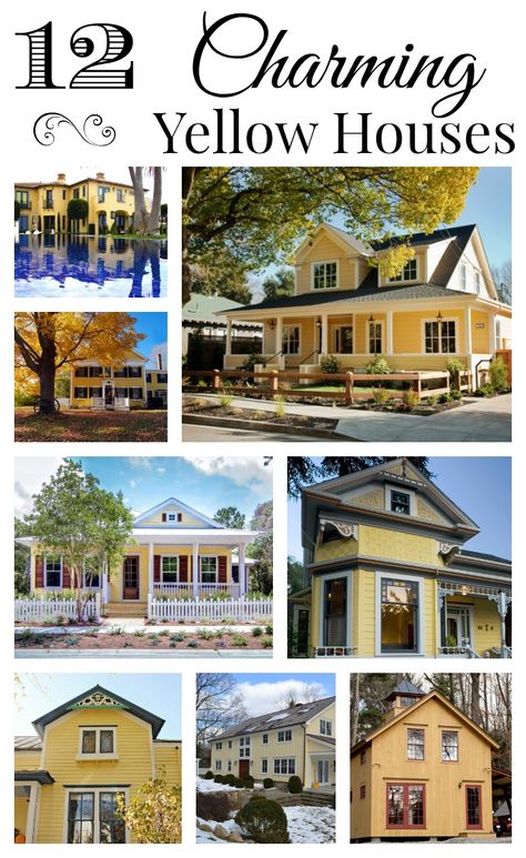 Collection of 12 Charming Yellow Houses. See them all! Yellow House Exterior, Farmhouse Exterior Colors, Yellow Cottage, Farmhouse Paint Colors, Exterior House Color, Siding Colors, Farmhouse Paint, Yellow House, Grey Houses