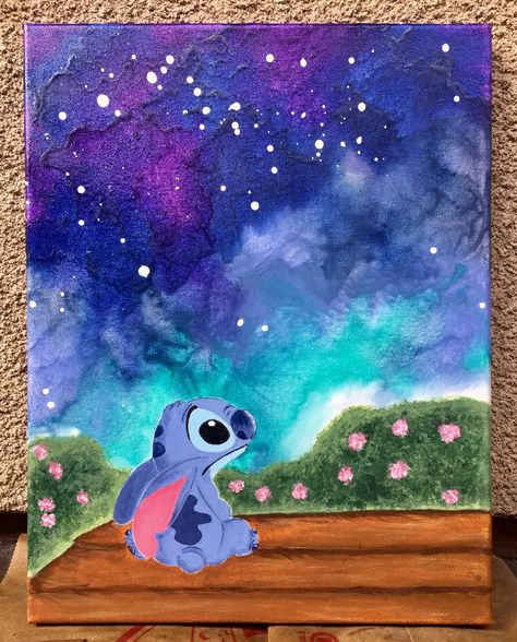 Lilo and Stitch painting with melted crayon background. Stitch Easy Painting, Stitch Painting Canvases, Painting Ideas Stitch, Stitch Disney Painting, Painting Ideas Big Canvas, Stitch Painting Canvases Easy, Lilo And Stitch Painting, Stitch Acrylic Painting, Stitch Disney Canvas Painting