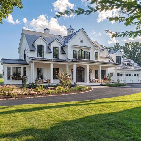 Fancy Suburban House, Huge White Farmhouse, Timeless Farmhouse Exterior, Big Family House Exterior, Family Farmhouse Exterior, White Farm Houses, White House’s, Modern Farmhouse Mansion, Cute House Ideas