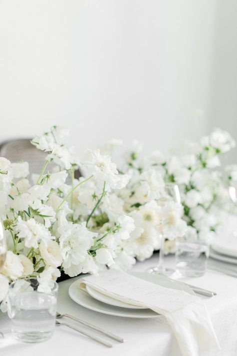 White Floral Garland Wedding, White Floral Runner Wedding, Modern Bridal Flowers, Franklin Plaza Wedding, Whimsical White Wedding Flowers, White Delphinium Wedding, White Flower Table Runner, White Flower Centerpieces Wedding, White Wedding Flowers Reception