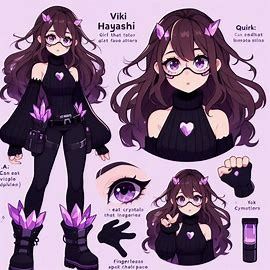 MHA oc, girl that studies in U.A, Viki Hayashi, has long wavy brown hair, cute purple eyes, quirk: can eat crystals that grant her powers, Hero outfit: black half long sleeves turtleneck conected to black pants, purple crystal boots and chestplace, fingerless black gloves and black with purple eye mask, uses a high tech purple glasses that shows people's info - Criador de Imagens no Bing Mha Oc Girl, Mha Oc Quirk, Long Wavy Brown Hair, Crystal Boots, Hero Outfit, Wavy Brown Hair, Purple Glasses, Mha Oc, Outfit Black