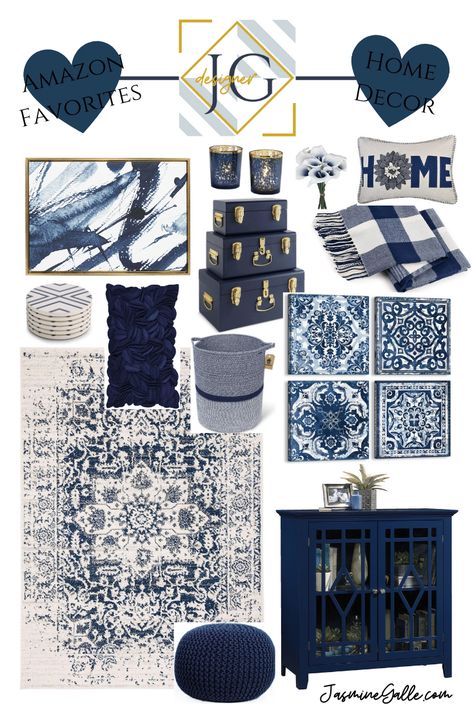 Blue Theme Home Decor, Navy Living Rooms Ideas, Royal Blue Interior Design Living Room, Navy Blue Home Decor Interior Design, Navy And Gold Home Decor, Navy Blue Aesthetic Living Room, Navy Blue House Decor, Designer Home Decor, Navy Decor Living Room